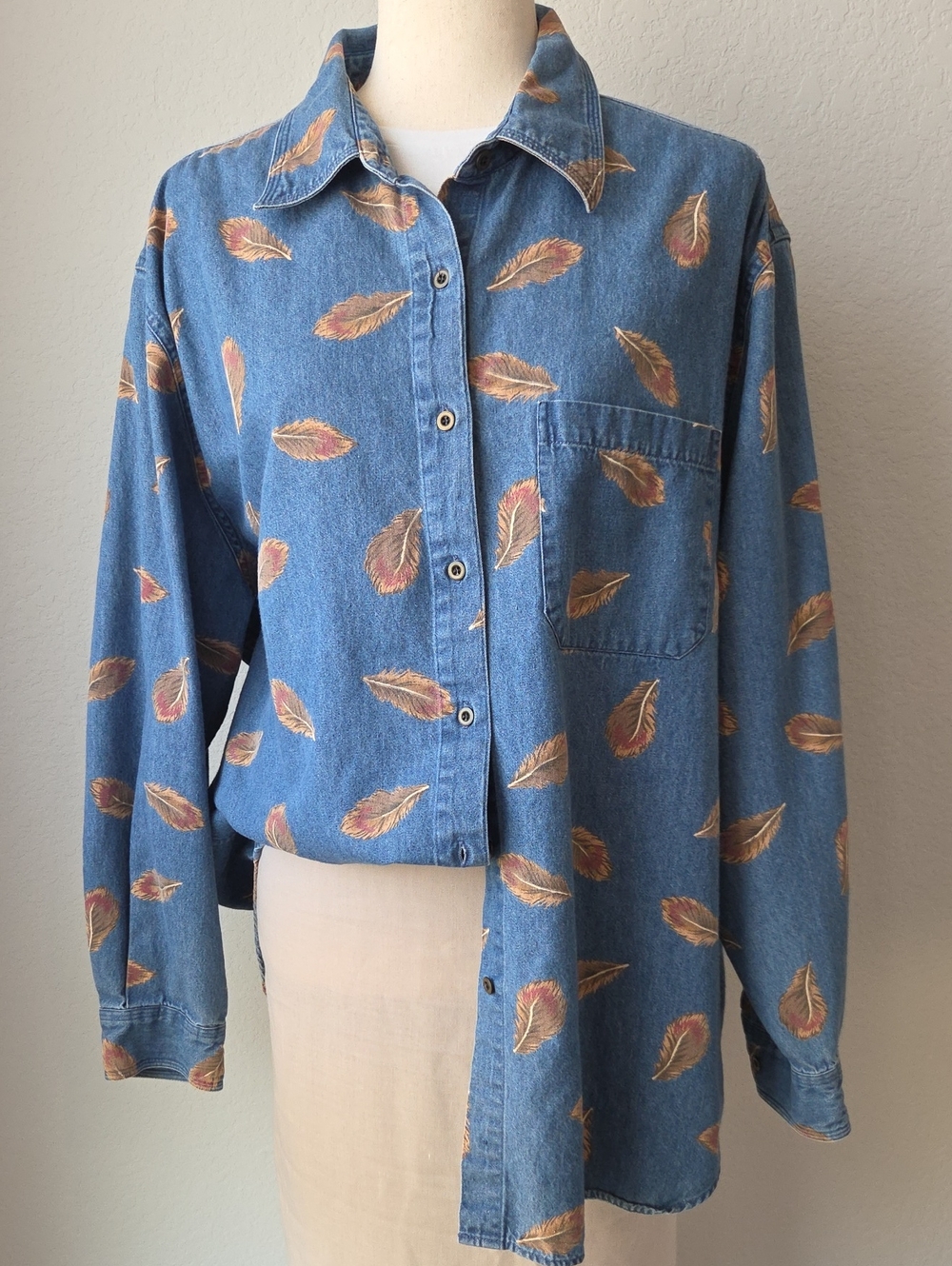 Womens 2XL Westbound Blue Denim Button-Down Shirt Feather Western Oversize Fall